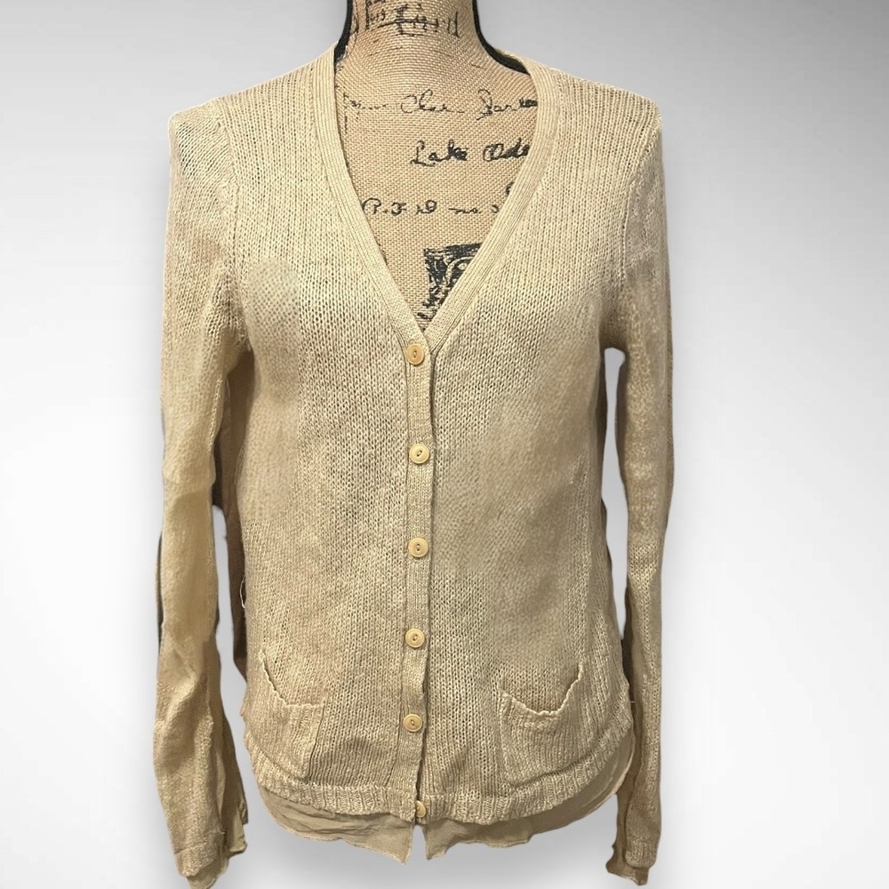 MODA INTERNATIONAL Beige Wool Blend Button‎ Front Cardigan With Silk Trim | EUC